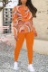 Orange Casual Geometric Print Contrast O Neck Long Sleeve Two Pieces