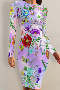 Light Purple Elegant Floral Print Contrast O Neck Printed Dresses