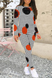 White Grey Casual Plaid Camouflage Print Contrast O Neck Long Sleeve Two Pieces