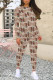 Brown Street Floral Print Letters Contrast O Neck Long Sleeve Two Pieces