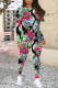 Black Street Floral Print Letters Contrast O Neck Long Sleeve Two Pieces