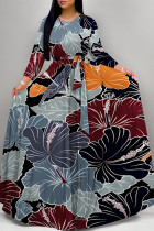 Blue Black Elegant Floral Print Pocket With Belt Contrast O Neck Printed Dresses