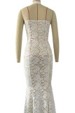 White Sexy Solid Color Lace Hollow Out Backless Halter Long Dresses