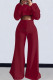 Burgundy Casual Solid Color Draw String Pocket Patchwork O Neck Long Sleeve Two Pieces