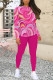 Rose Red Casual Geometric Print Contrast O Neck Long Sleeve Two Pieces