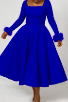 Royal Blue Elegant Solid Color Patchwork Zipper Square Neck A Line Dresses