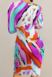 Turquoise Casual Floral Print Tie Dye Contrast O Neck Printed Dresses