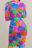 Light Blue Elegant Floral Print Contrast O Neck Printed Dresses