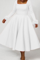 White Elegant Solid Color Patchwork Zipper Square Neck A Line Dresses