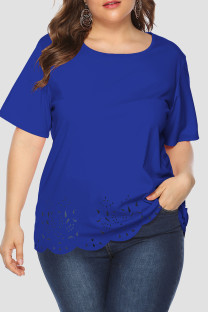 Royal Blue Casual Solid Color Hollow Out Patchwork O Neck Plus Size Tops