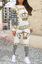 White Casual Plaid Flowers Tiger Stripes Contrast O Neck Long Sleeve Two Pieces