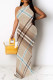 Light Brown Casual Plaid Striped Print Gradient Contrast O Neck Long Dresses