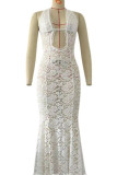 White Sexy Solid Color Lace Hollow Out Backless Halter Long Dresses