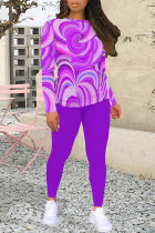 Purple Casual Geometric Print Contrast O Neck Long Sleeve Two Pieces