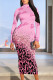 Pink Elegant Map Printing Letters Leopard Contrast Turtleneck Printed Dresses