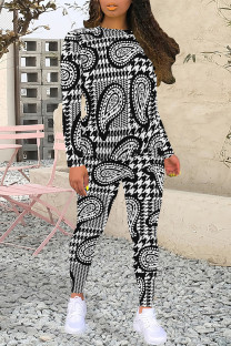Black And White Casual Plaid Flowers Tiger Stripes Contrast O Neck Long Sleeve Two Pieces