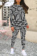 Black And White Casual Plaid Flowers Tiger Stripes Contrast O Neck Long Sleeve Two Pieces