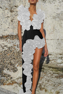 White Black Sexy Solid Color Backless Irregular Deep V Neck Sleeveless Two Pieces