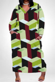 Light Green Casual Geometric Print Snakeskin Print Pocket Contrast V Neck Printed Plus Size Dresses