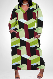 Black Red Casual Geometric Print Snakeskin Print Pocket Contrast V Neck Printed Plus Size Dresses