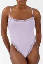 Light Purple Daily Solid Color Lace Patchwork Spaghetti Strap Skinny Bodysuits