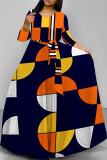 Khaki Elegant Floral Print Pocket With Belt Contrast O Neck Printed Dresses