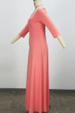 Pink Casual Solid Color Patchwork V Neck Long Dresses