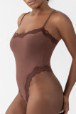 Grey Daily Solid Color Lace Patchwork Spaghetti Strap Skinny Bodysuits