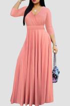 Pink Casual Solid Color Patchwork V Neck Long Dresses