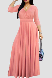 Pink Casual Solid Color Patchwork V Neck Long Dresses