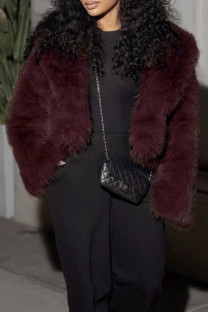 Burgundy Casual Solid Color Patchwork Cardigan Collar Outerwear