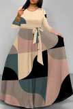 Khaki Elegant Floral Print Pocket With Belt Contrast O Neck Printed Dresses
