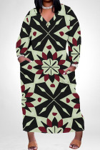 Green Yellow Casual Geometric Print Snakeskin Print Pocket Contrast V Neck Printed Plus Size Dresses