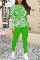 Green Casual Geometric Print Contrast O Neck Long Sleeve Two Pieces
