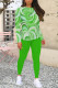 Green Casual Geometric Print Contrast O Neck Long Sleeve Two Pieces