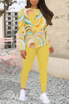 Yellow Casual Geometric Print Contrast O Neck Long Sleeve Two Pieces