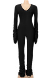 Blue Casual Solid Color Patchwork Deep V Neck Skinny Jumpsuits