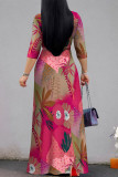 Rose Red Elegant Floral Print Pocket With Belt Contrast V Neck Printed Dresses