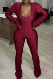 Blue Casual Solid Color Patchwork Deep V Neck Skinny Jumpsuits
