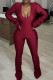 Burgundy Casual Solid Color Patchwork Deep V Neck Skinny Jumpsuits