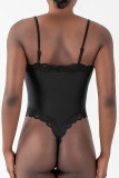 Grey Daily Solid Color Lace Patchwork Spaghetti Strap Skinny Bodysuits