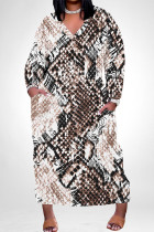 Snake Print Casual Geometric Print Snakeskin Print Pocket Contrast V Neck Printed Plus Size Dresses