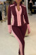 Burgundy Casual Zipper Solid Color Zipper Collar Long Sleeve Two Pieces