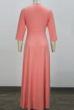 Pink Casual Solid Color Patchwork V Neck Long Dresses