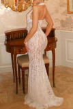 White Sexy Solid Color Lace Hollow Out Backless Halter Long Dresses