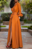 Orange Yellow Elegant Solid Color Buttons Ruched Strap Design V Neck Long Dresses