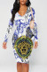 White Blue Street Graffiti Print Chain print Contrast V Neck Printed Dresses