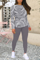 Grey Casual Geometric Print Contrast O Neck Long Sleeve Two Pieces