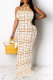 Orange Casual Plaid Striped Print Gradient Contrast O Neck Long Dresses