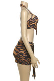 Tiger Pattern Sexy Tiger Stripes Patchwork Backless Halter Sleeveless Two Pieces
